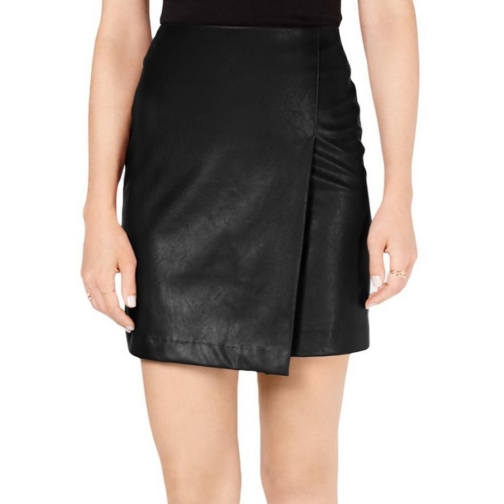Bar III Faux Leather Wrap Mini Skirt Black M